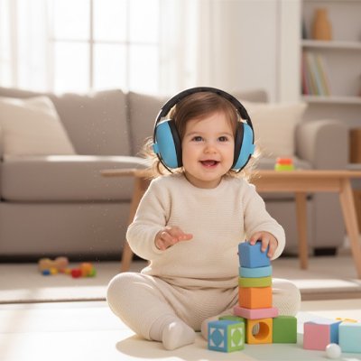 Casque anti bruit bébé sourit bleu