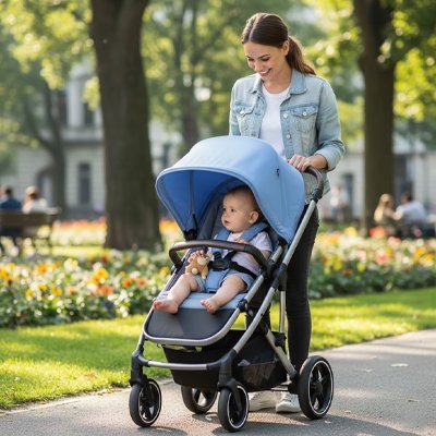 Parasol pour poussette bebe bleu avec maman