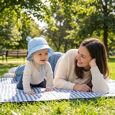 bob bebe bleu souriant avec maman