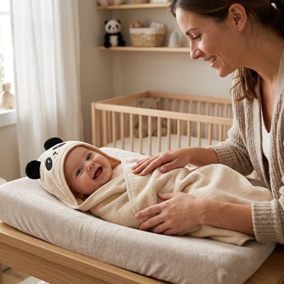 cape de bain pour bebe beize couché et souriant  avec maman