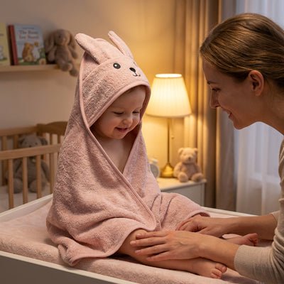 cape de bain pour bebe rose assis et souriant avec maman