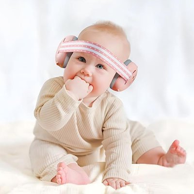 Casque anti bruit bébé rose bébé main dans sa bouche 
