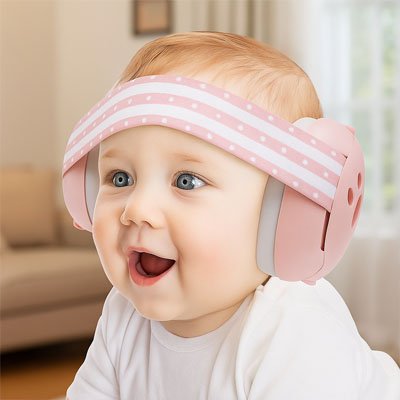 Casque anti bruit bébé rose bébé ouvrant sa bouche 
