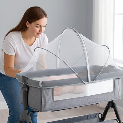 moustiquaire bebe lit gris et blanc avec maman souriante