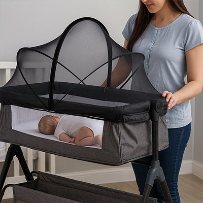 moustiquaire bebe lit noir avec maman souriante
