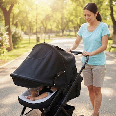 parasol pour poussette bebe noir avec maman
