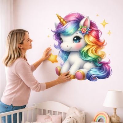 Stickers muraux licorne avec maman contente