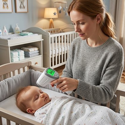 thermomètre frontal avec maman souriante