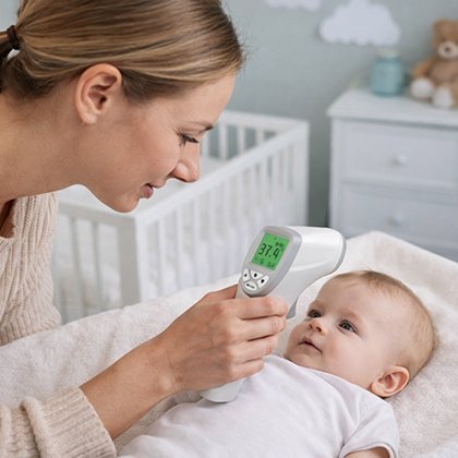 thermomètre frontal avec maman